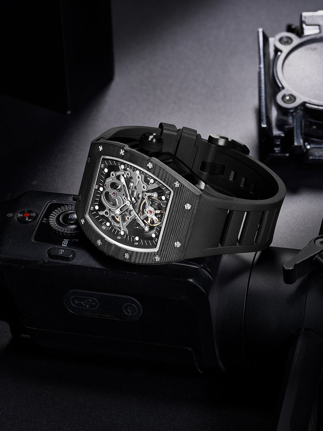 French Connection Stealth Series Limited Edition Men's Automatic Skeleton Watch – Carbon Fibre Edition with Black Skeleton Dial, Black Stainless Steel Case & Black Silicone Strap – FCA51B