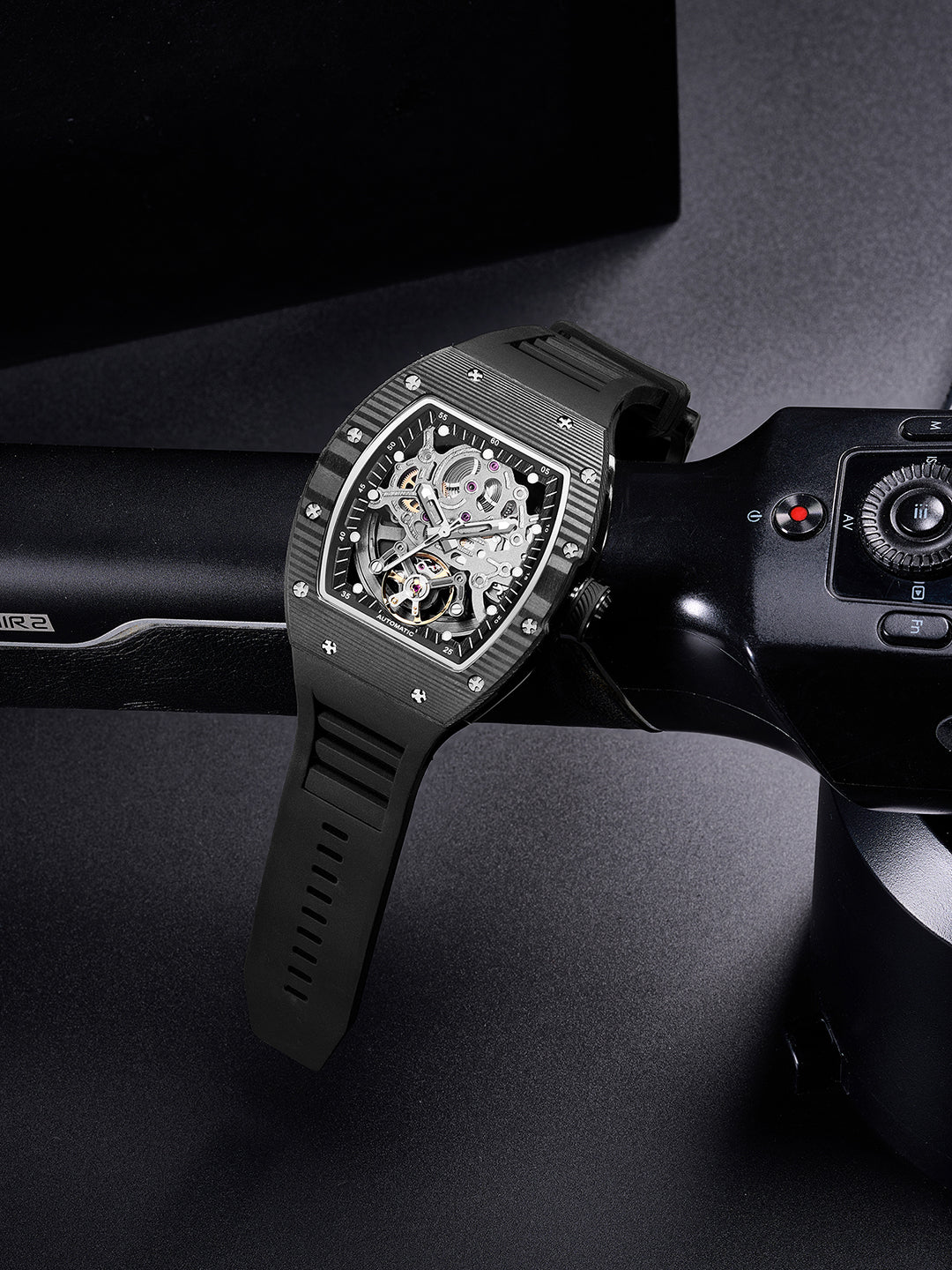French Connection Stealth Series Limited Edition Men's Automatic Skeleton Watch – Carbon Fibre Edition with Black Skeleton Dial, Black Stainless Steel Case & Black Silicone Strap – FCA51B