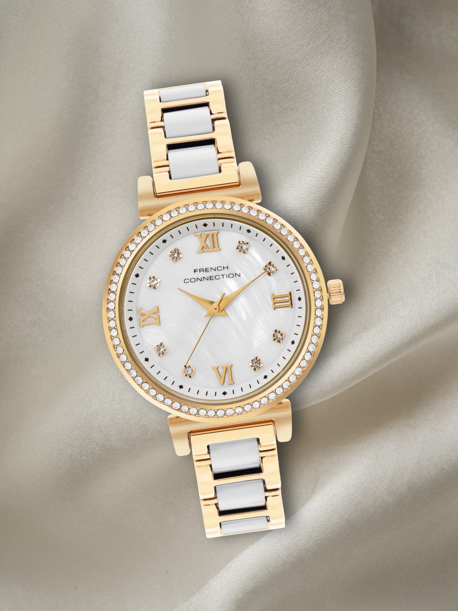 French Connection Mop White Round Dial With Gold & White Stainless Steel Strap Watch - For Womens FCB13GM