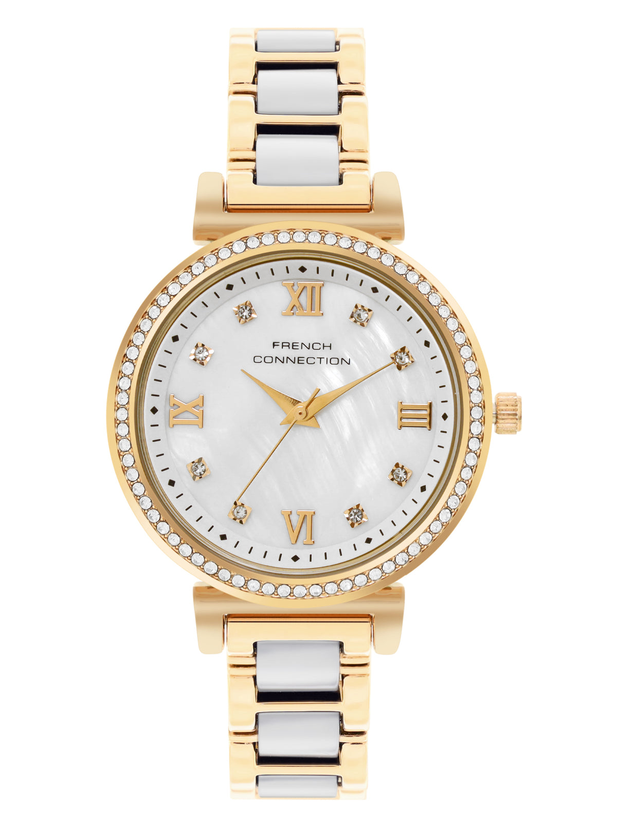 French Connection Mop White Round Dial With Gold & White Stainless Steel Strap Watch - For Womens FCB13GM