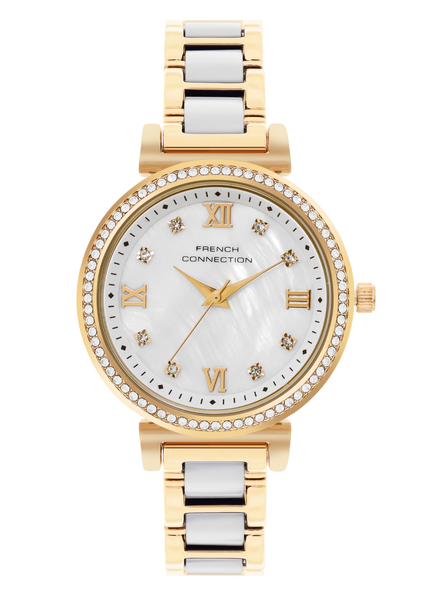 French Connection Mop White Round Dial With Gold & White Stainless Steel Strap Watch - For Womens FCB13GM