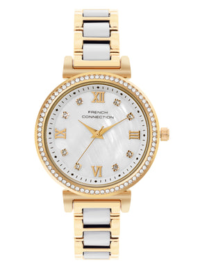 French Connection Mop White Round Dial With Gold & White Stainless Steel Strap Watch - For Womens FCB13GM