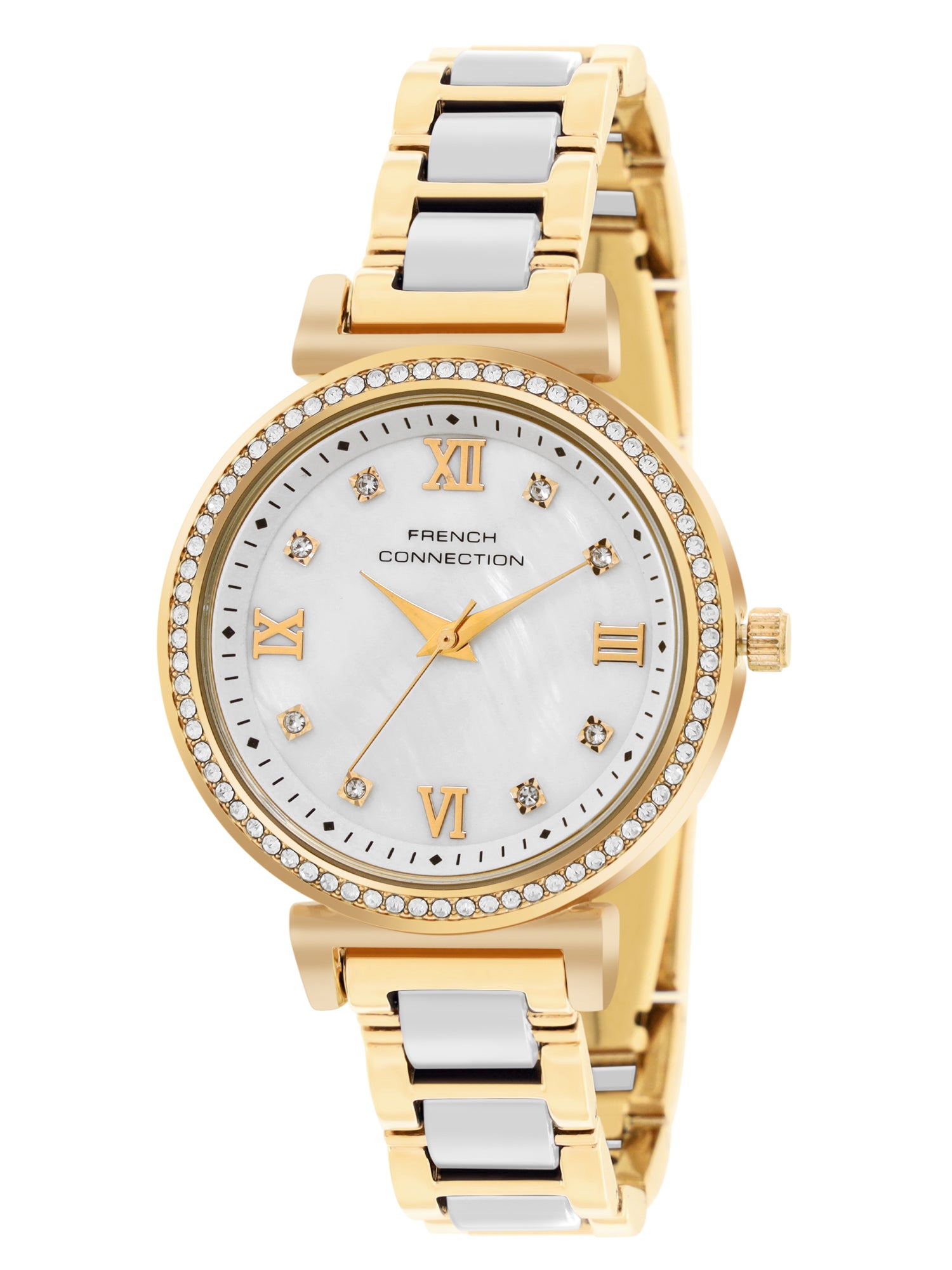 French Connection Mop White Round Dial With Gold & White Stainless Steel Strap Watch - For Womens FCB13GM