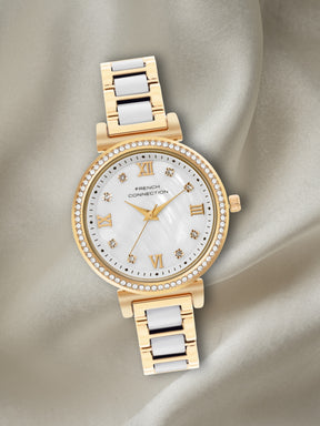 French Connection Mop White Round Dial With Gold & White Stainless Steel Strap Watch - For Womens FCB13GM