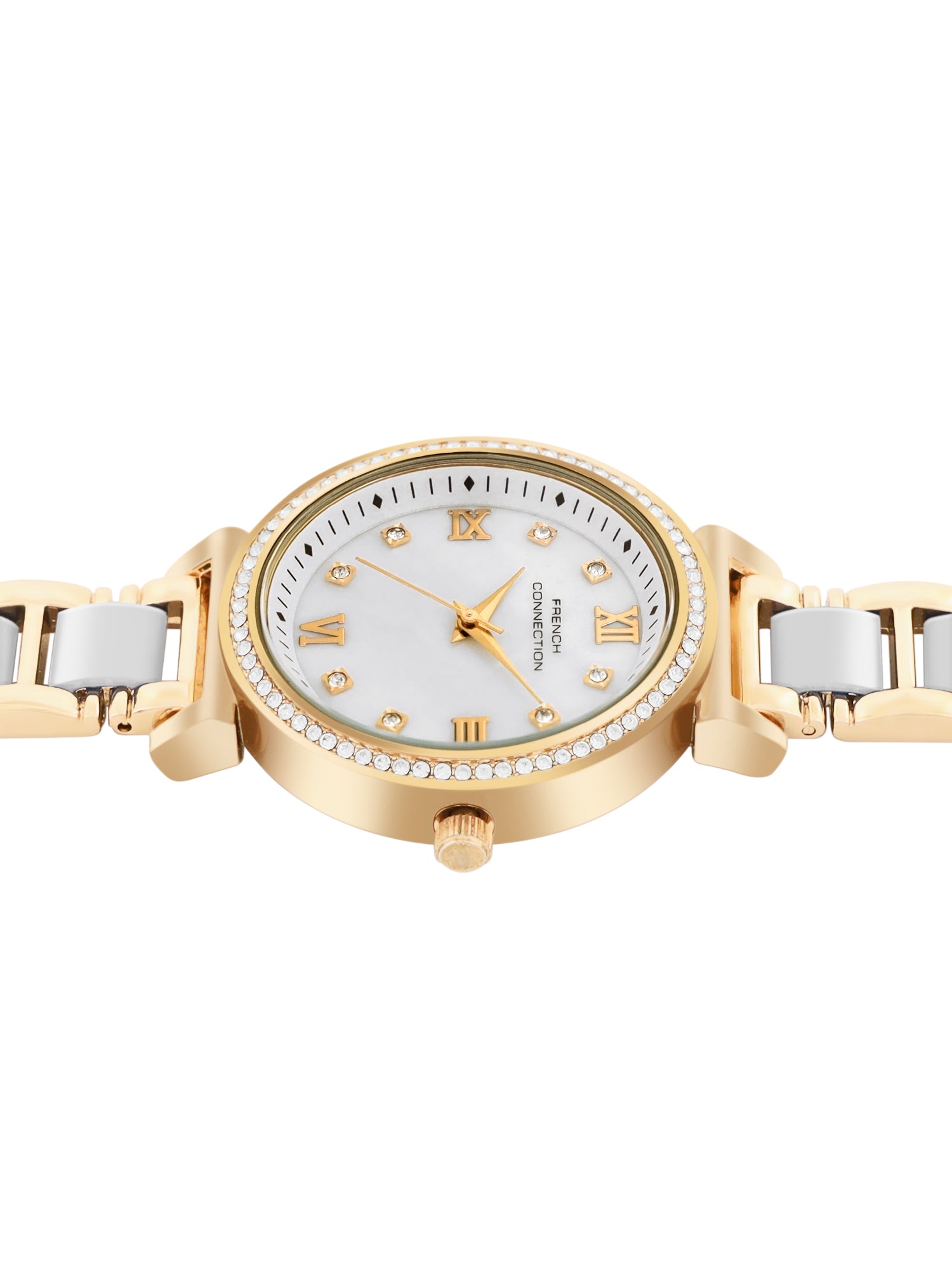 French Connection Mop White Round Dial With Gold & White Stainless Steel Strap Watch - For Womens FCB13GM