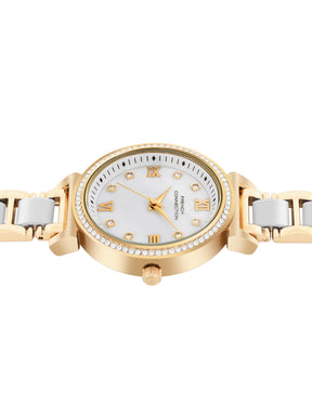 French Connection Mop White Round Dial With Gold & White Stainless Steel Strap Watch - For Womens FCB13GM