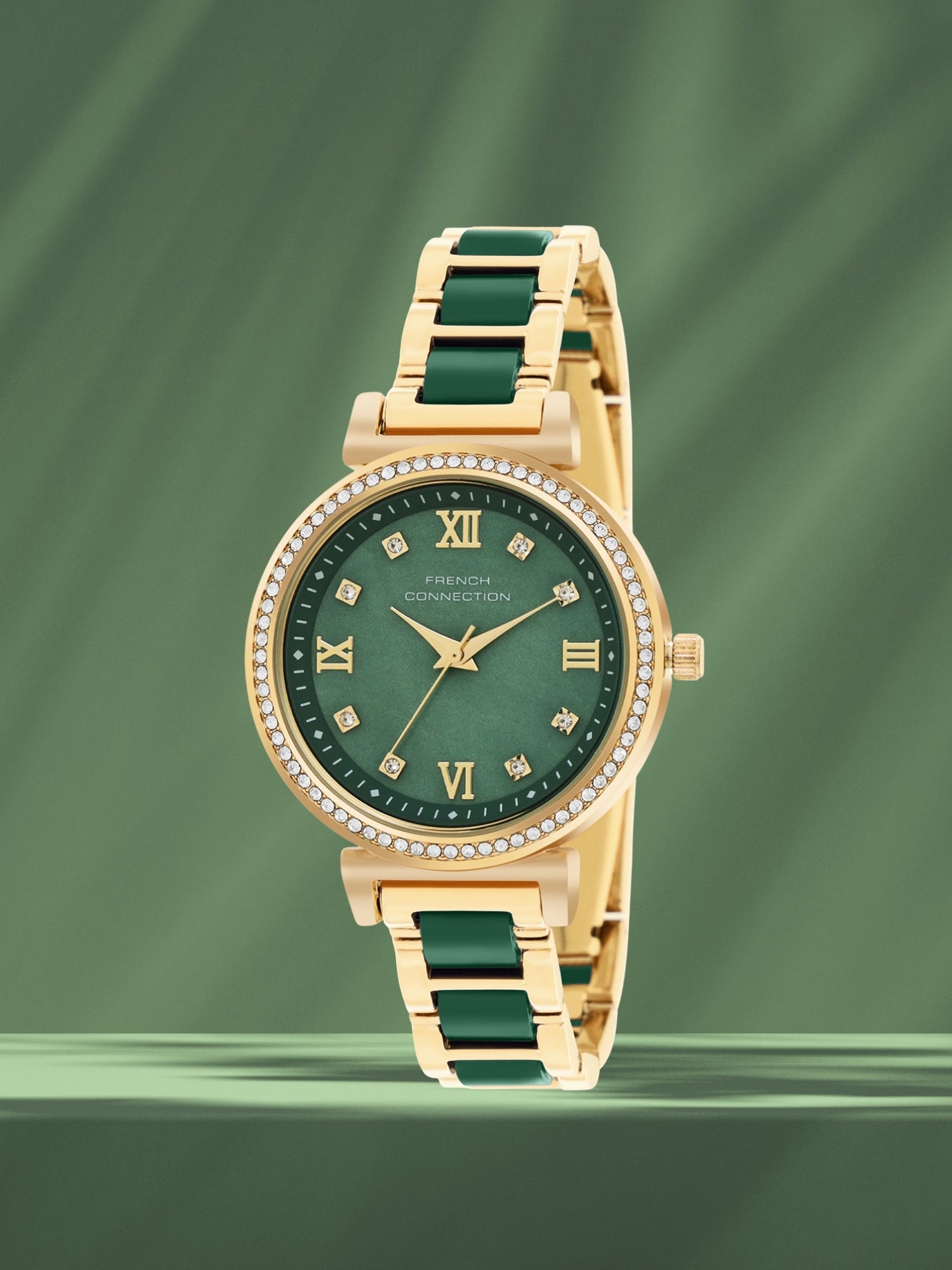 French Connection Mop Green Round Dial With Gold & Green Stainless Steel Strap Watch - For Womens FCB13NGM