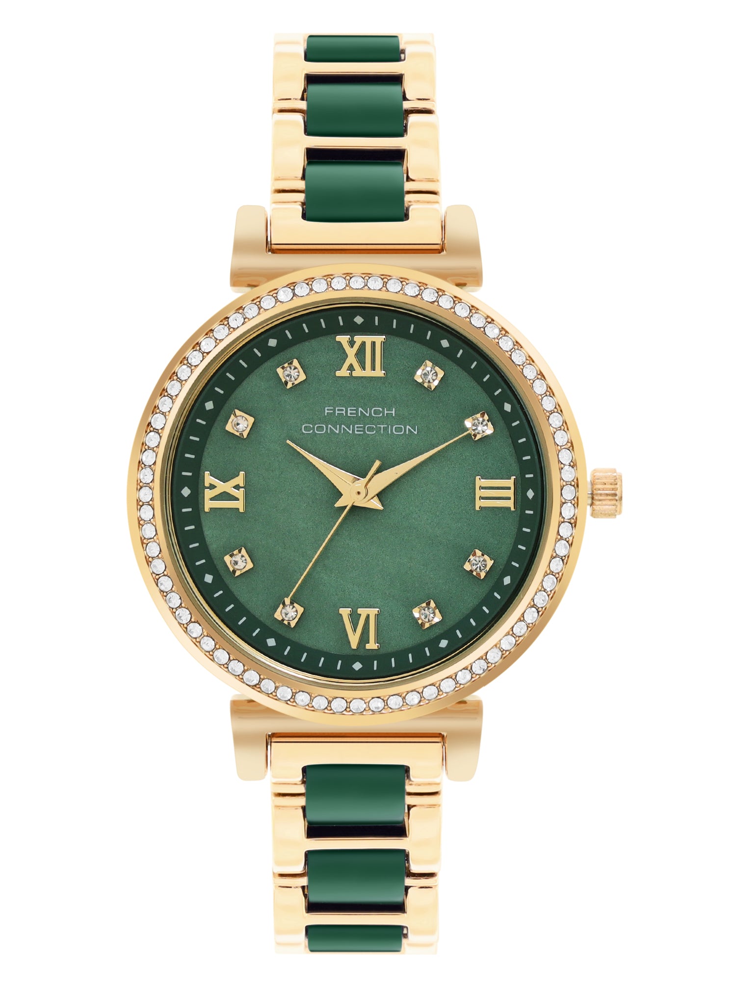 French Connection Mop Green Round Dial With Gold & Green Stainless Steel Strap Watch - For Womens FCB13NGM