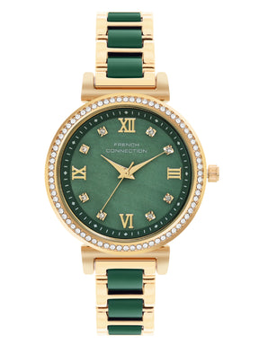 French Connection Mop Green Round Dial With Gold & Green Stainless Steel Strap Watch - For Womens FCB13NGM