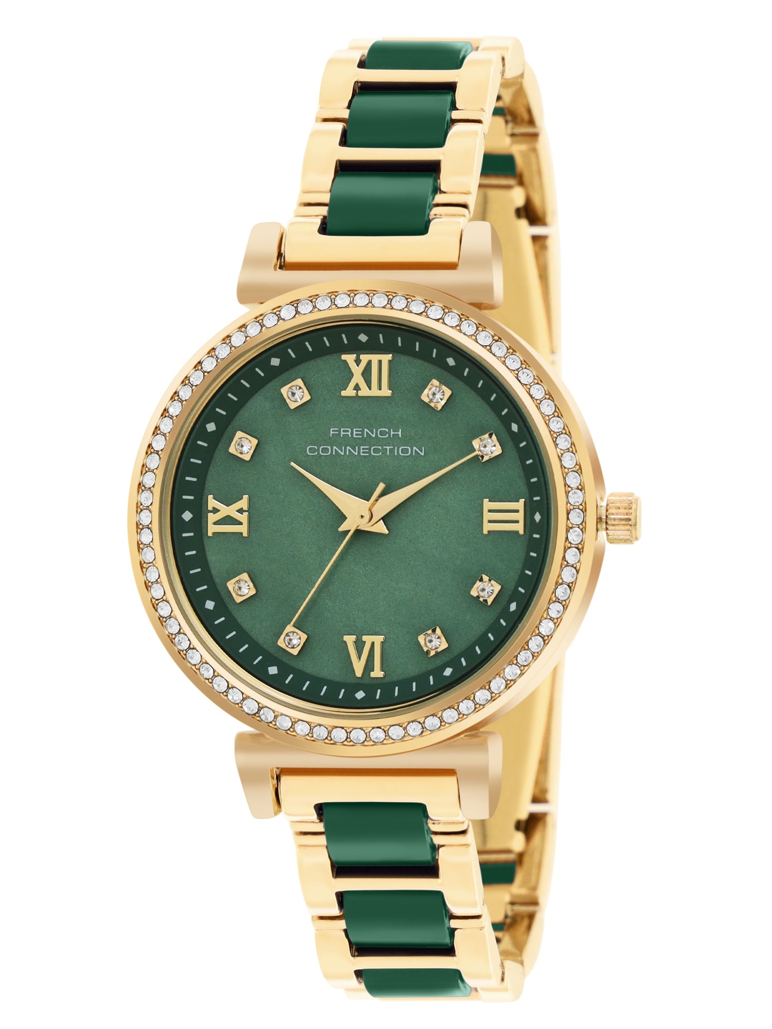 French Connection Mop Green Round Dial With Gold & Green Stainless Steel Strap Watch - For Womens FCB13NGM