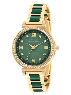 French Connection Mop Green Round Dial With Gold & Green Stainless Steel Strap Watch - For Womens FCB13NGM