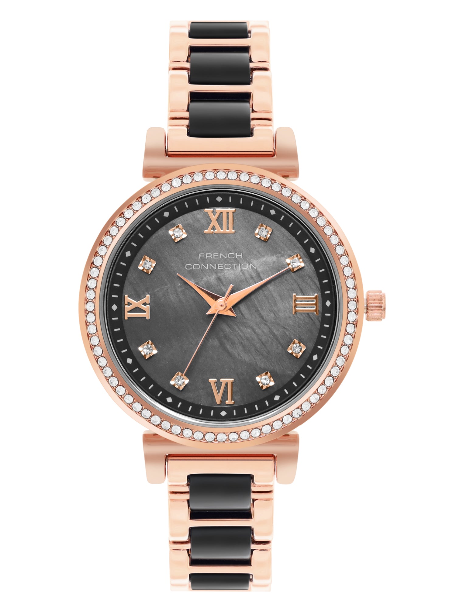 French Connection Mop Black Round Dial With Rosegold & Black Stainless Steel Strap Watch - For Womens FCB13RGM-B