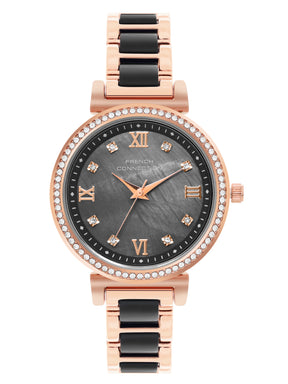 French Connection Mop Black Round Dial With Rosegold & Black Stainless Steel Strap Watch - For Womens FCB13RGM-B