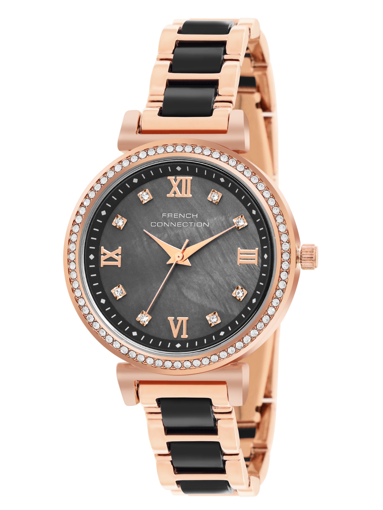 French Connection Mop Black Round Dial With Rosegold & Black Stainless Steel Strap Watch - For Womens FCB13RGM-B
