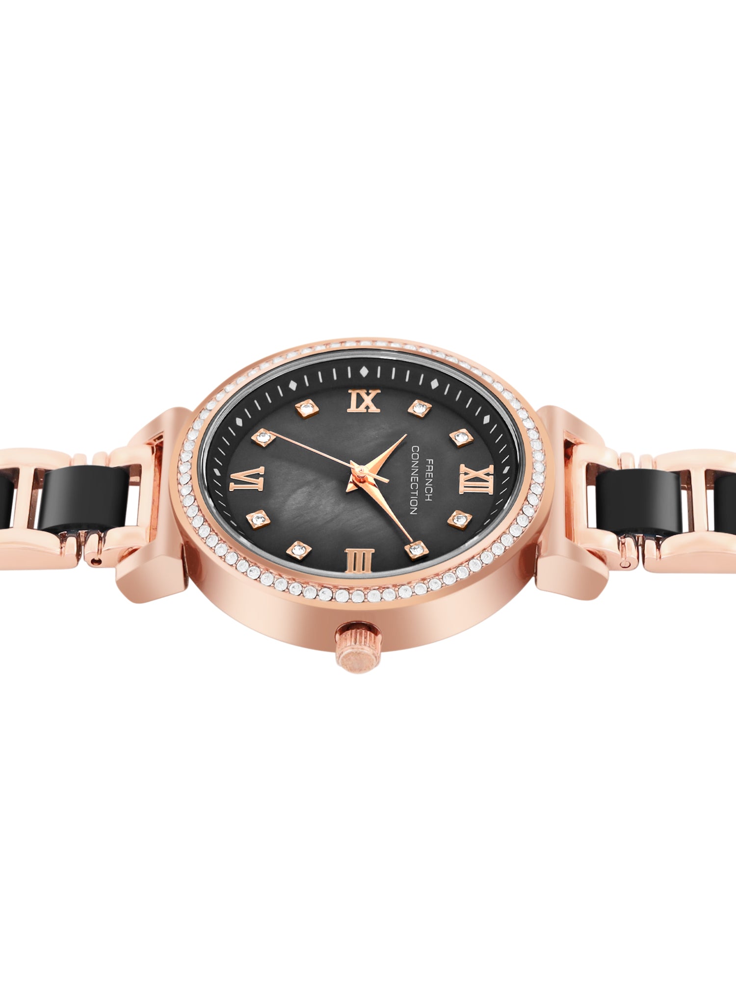 French Connection Mop Black Round Dial With Rosegold & Black Stainless Steel Strap Watch - For Womens FCB13RGM-B