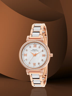 French Connection Mop White Round Dial With Rosegold & White Stainless Steel Strap Watch - For Womens FCB13RTM