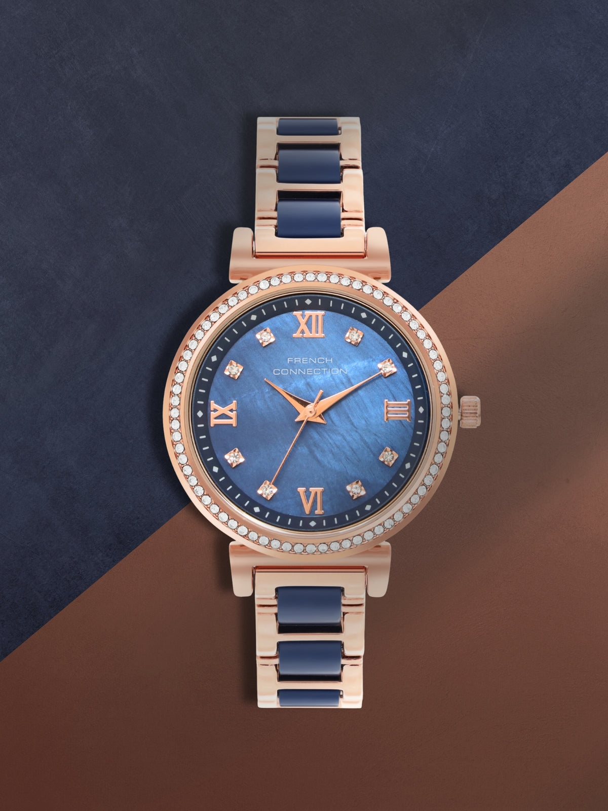 French Connection Mop Blue Round Dial With Rosegold & Blue Stainless Steel Strap Watch - For Womens FCB13URGM