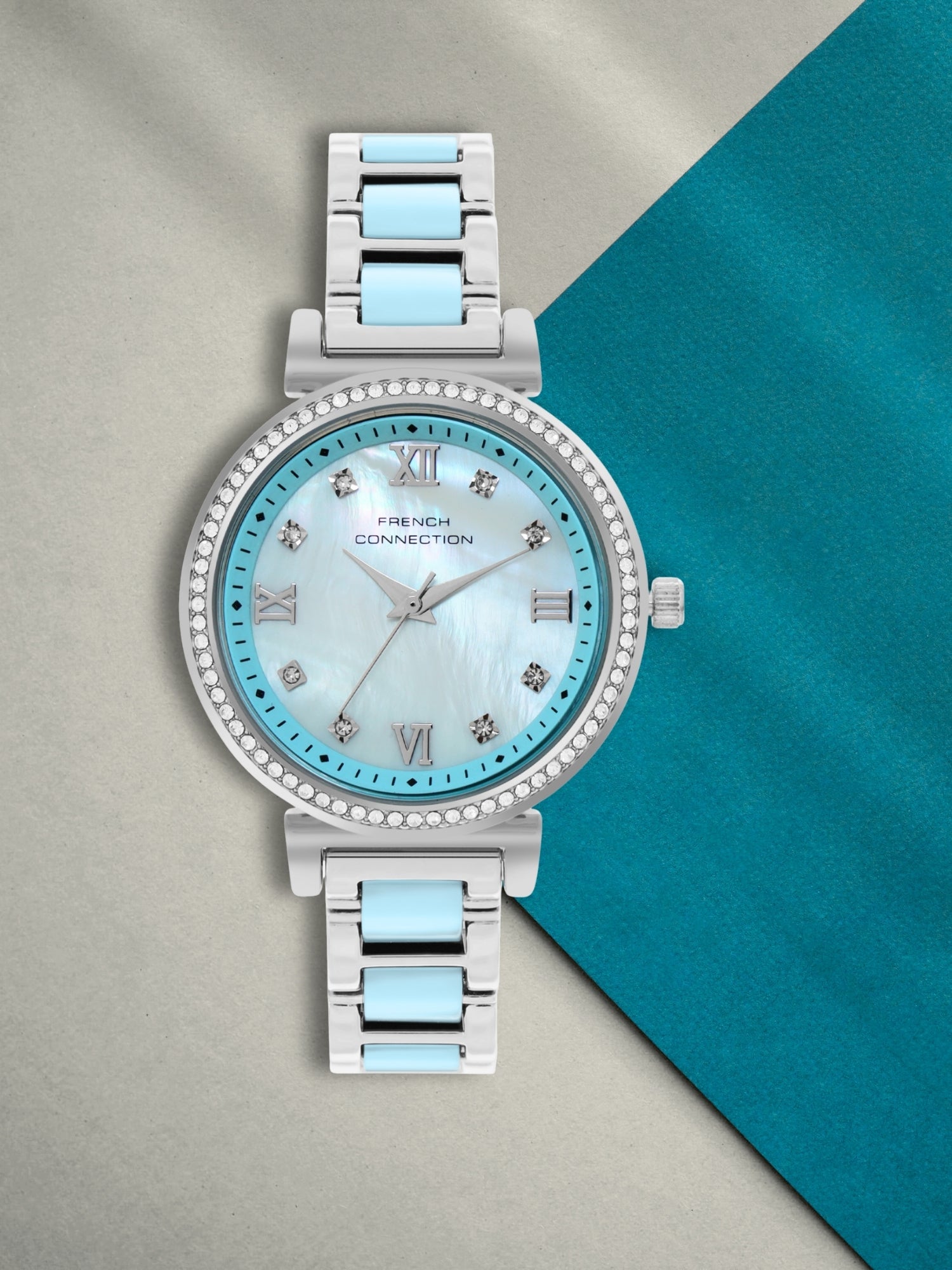 French Connection Mop Blue Round Dial With Blue Two Tone Stainless Steel Strap Watch - For Womens FCB13USM