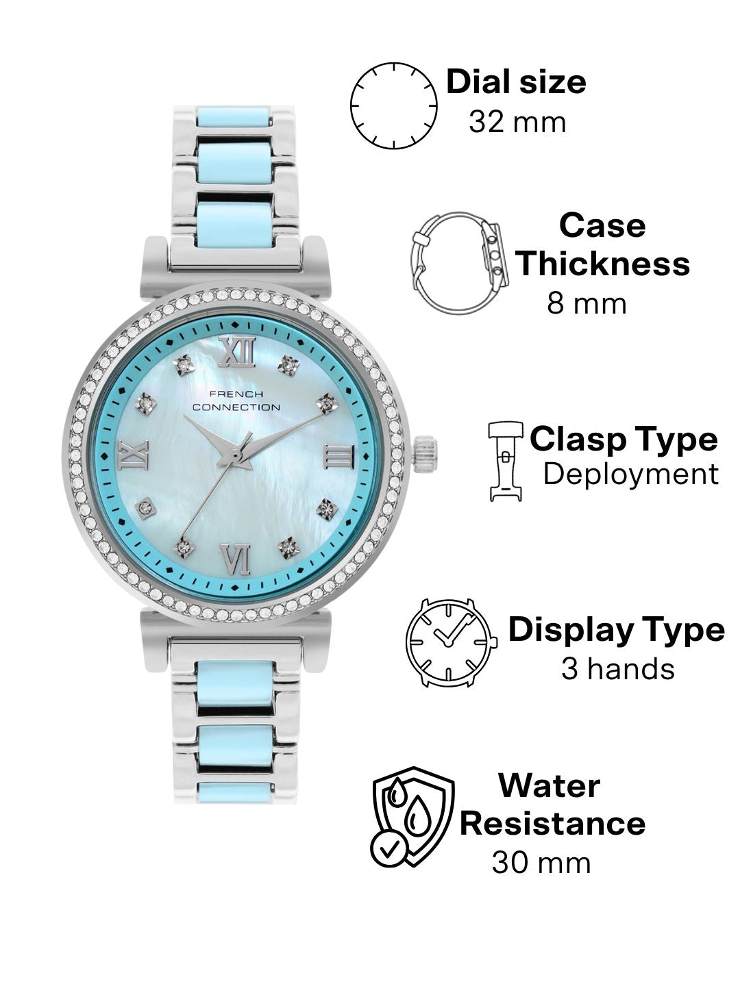 French Connection Mop Blue Round Dial With Blue Two Tone Stainless Steel Strap Watch - For Womens FCB13USM