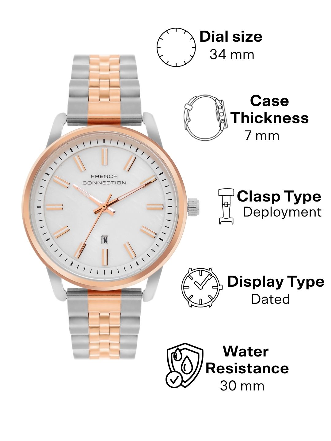 French Connection Mop White Round Dial With Rose Two Tone Stainless Steel  Strap Watch - For Womens FCB14SRTM