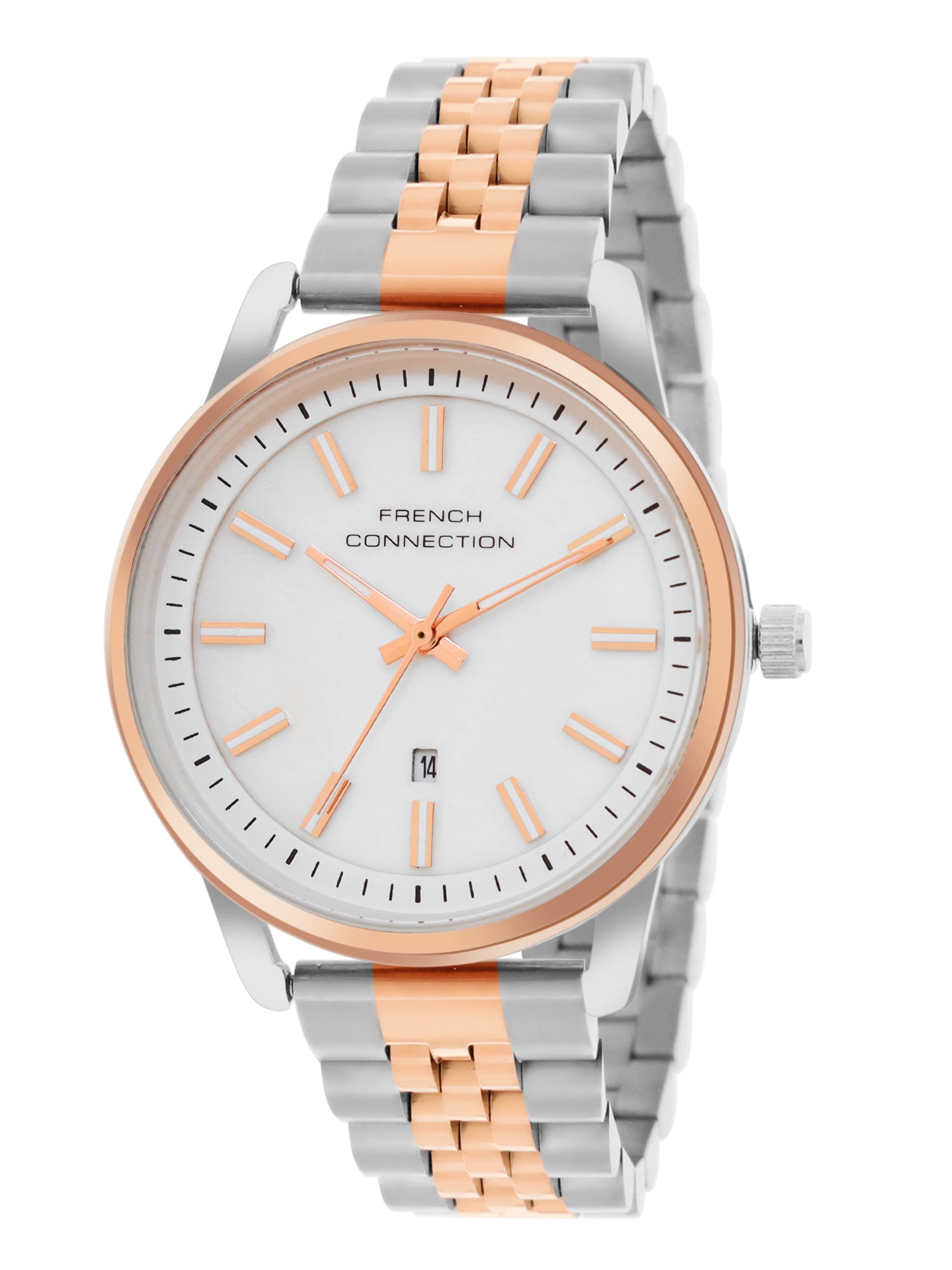 French Connection Mop White Round Dial With Rose Two Tone Stainless Steel  Strap Watch - For Womens FCB14SRTM