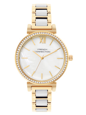 French Connection Mop White Round Dial With Gold & White Stainless Steel Strap Watch - For Womens FCB15GM