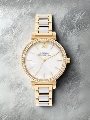 French Connection Mop White Round Dial With Gold & White Stainless Steel Strap Watch - For Womens FCB15GM