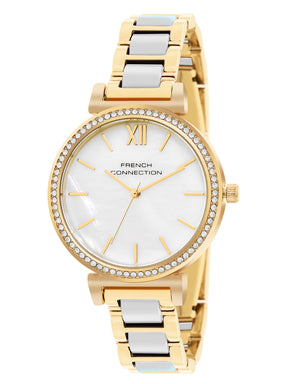 French Connection Mop White Round Dial With Gold & White Stainless Steel Strap Watch - For Womens FCB15GM