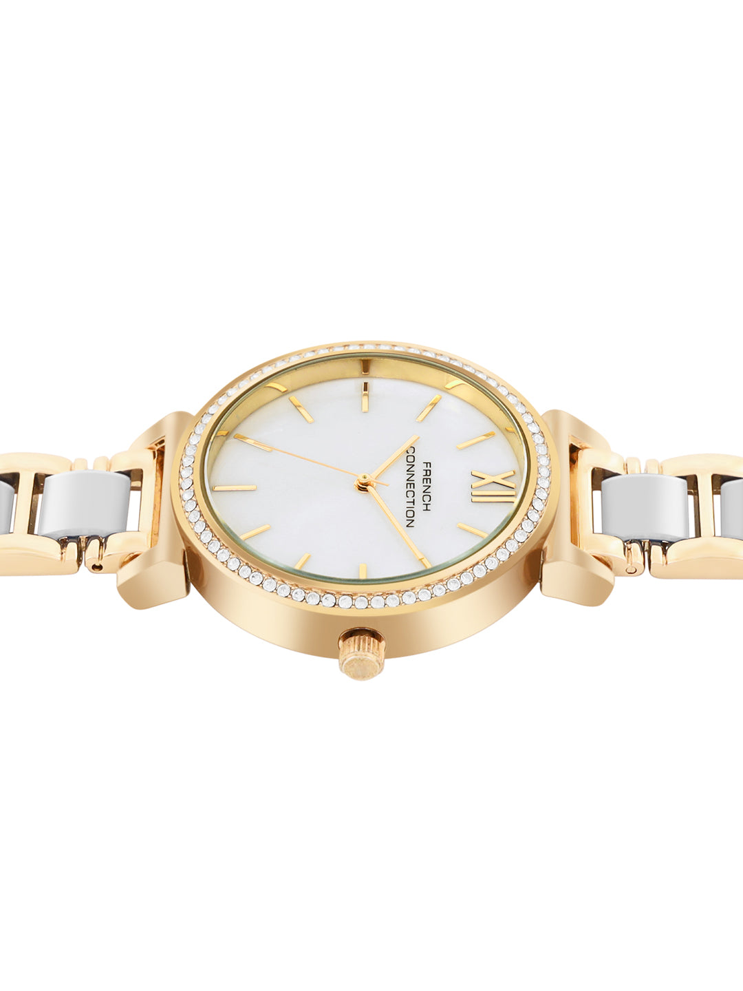 French Connection Mop White Round Dial With Gold & White Stainless Steel Strap Watch - For Womens FCB15GM