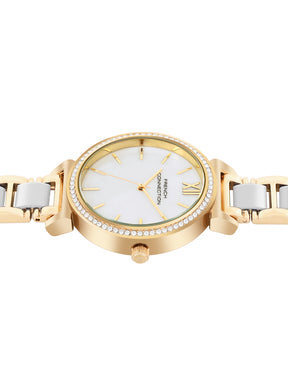 French Connection Mop White Round Dial With Gold & White Stainless Steel Strap Watch - For Womens FCB15GM