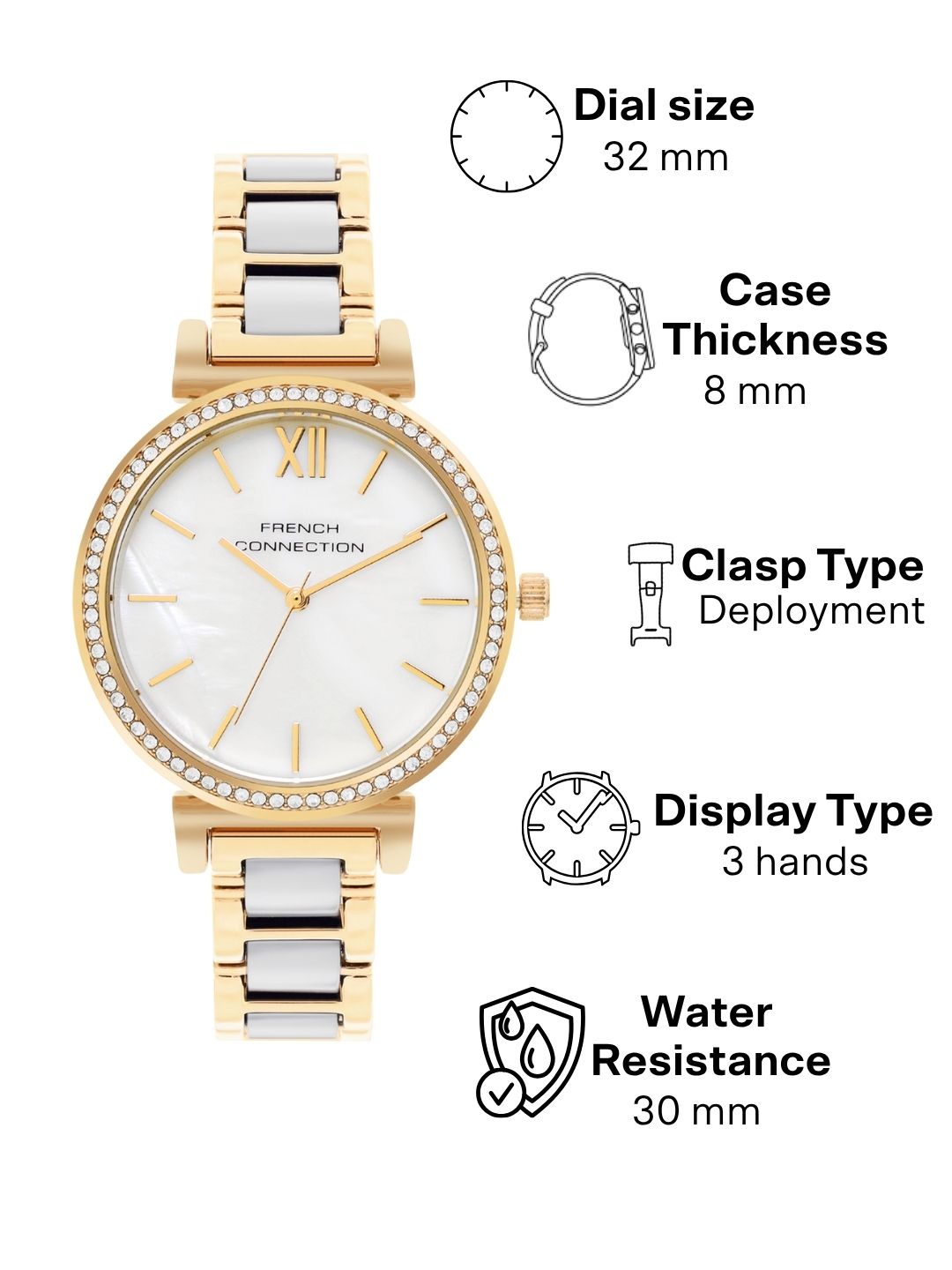 French Connection Mop White Round Dial With Gold & White Stainless Steel Strap Watch - For Womens FCB15GM