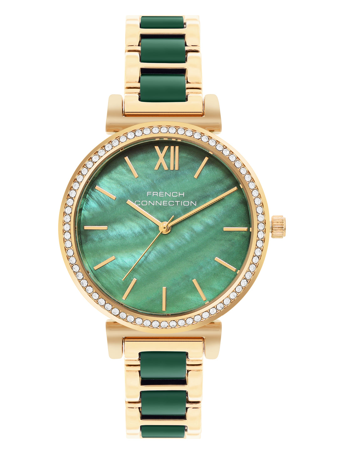 French Connection Mop Green Round Dial With Gold & Green Stainless Steel Strap Watch - For Womens FCB15NGM