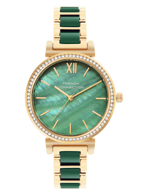 French Connection Mop Green Round Dial With Gold & Green Stainless Steel Strap Watch - For Womens FCB15NGM