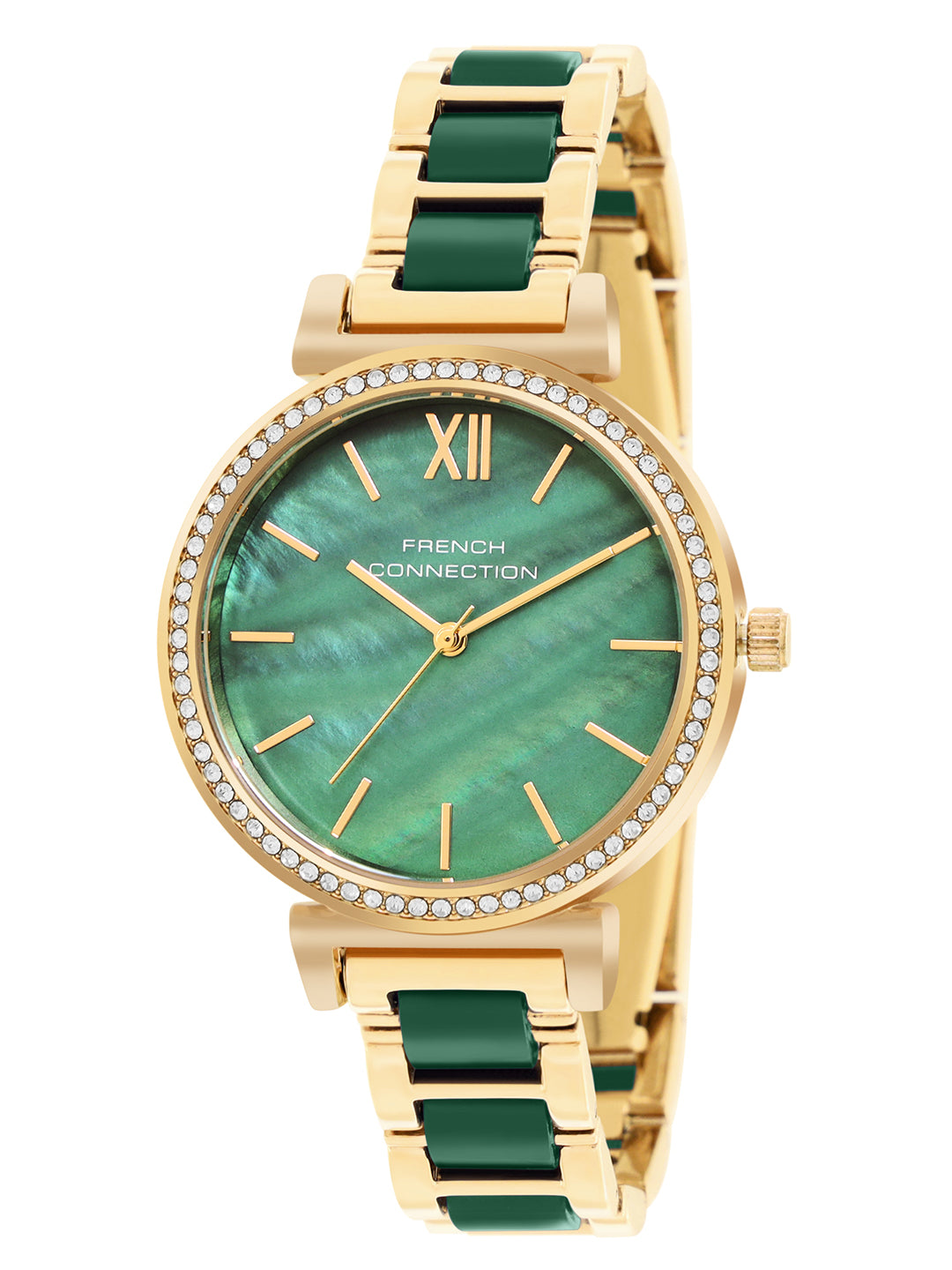 French Connection Mop Green Round Dial With Gold & Green Stainless Steel Strap Watch - For Womens FCB15NGM