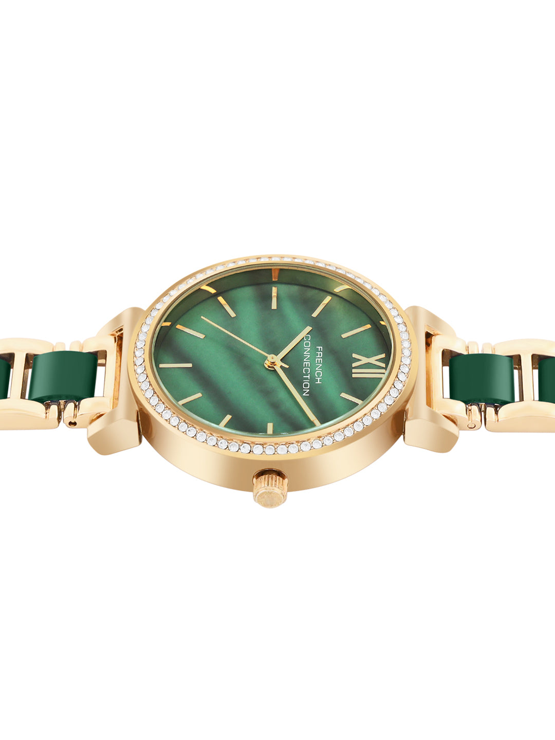 French Connection Mop Green Round Dial With Gold & Green Stainless Steel Strap Watch - For Womens FCB15NGM