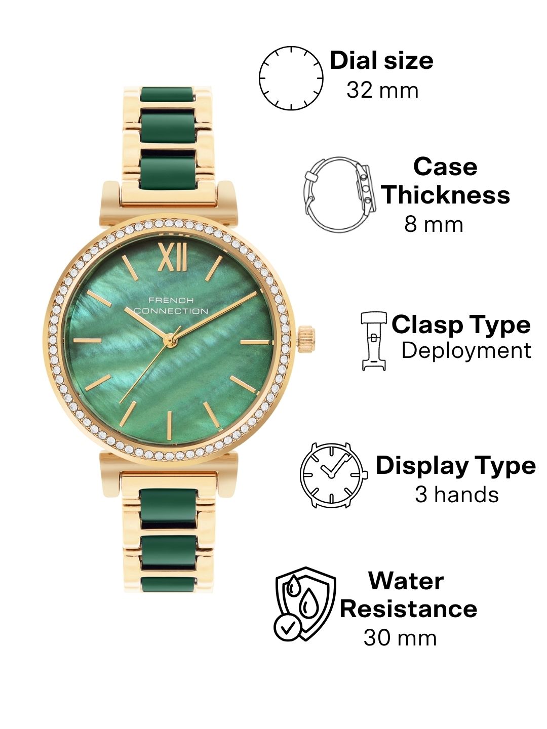 French Connection Mop Green Round Dial With Gold & Green Stainless Steel Strap Watch - For Womens FCB15NGM