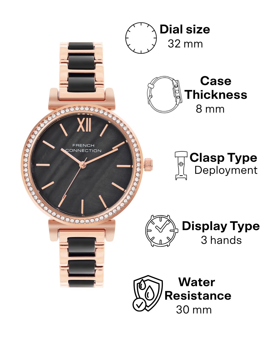 French Connection Mop Black Round Dial With Rosegold & Black Stainless Steel Strap Watch - For Womens FCB15RGM-B