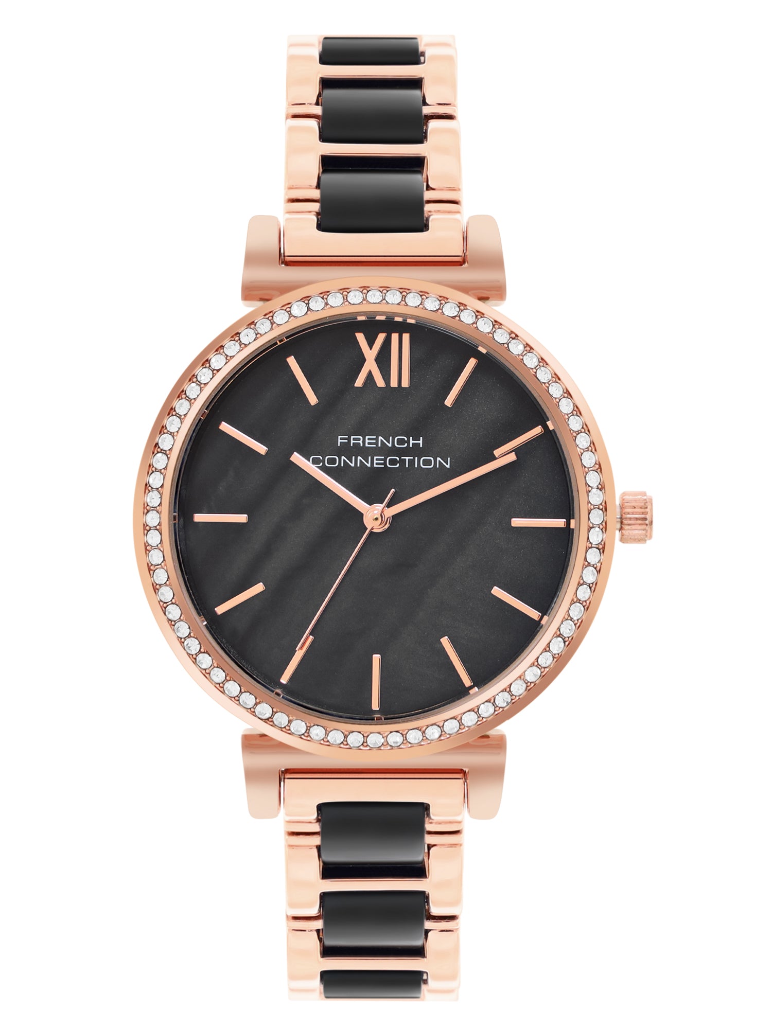 French Connection Mop Black Round Dial With Rosegold & Black Stainless Steel Strap Watch - For Womens FCB15RGM-B
