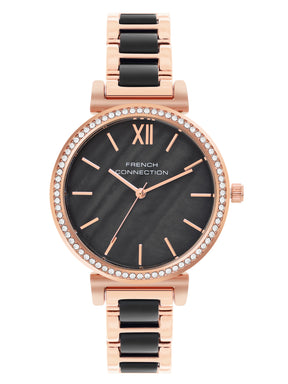 French Connection Mop Black Round Dial With Rosegold & Black Stainless Steel Strap Watch - For Womens FCB15RGM-B