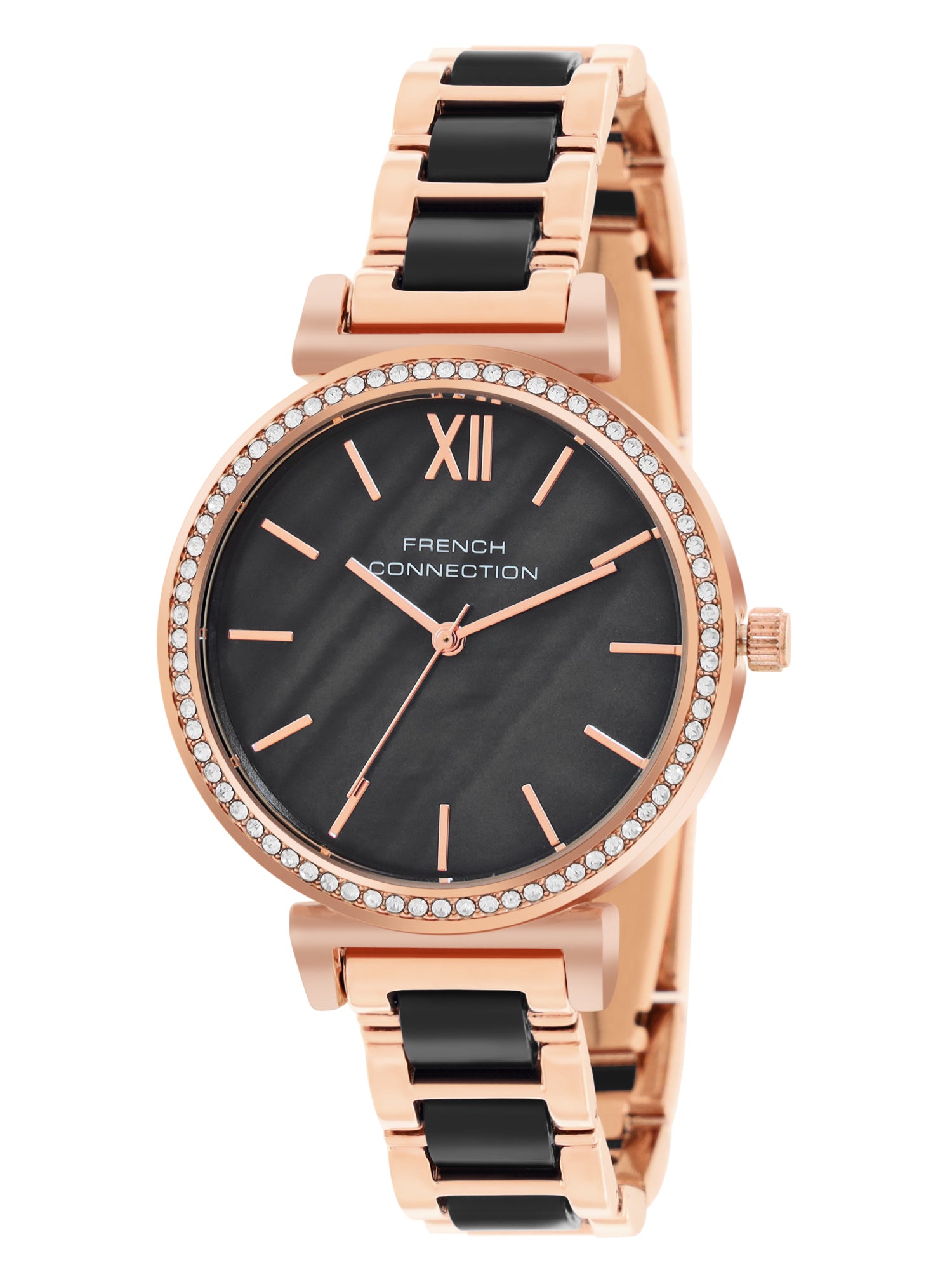 French Connection Mop Black Round Dial With Rosegold & Black Stainless Steel Strap Watch - For Womens FCB15RGM-B