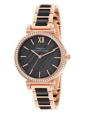 French Connection Mop Black Round Dial With Rosegold & Black Stainless Steel Strap Watch - For Womens FCB15RGM-B