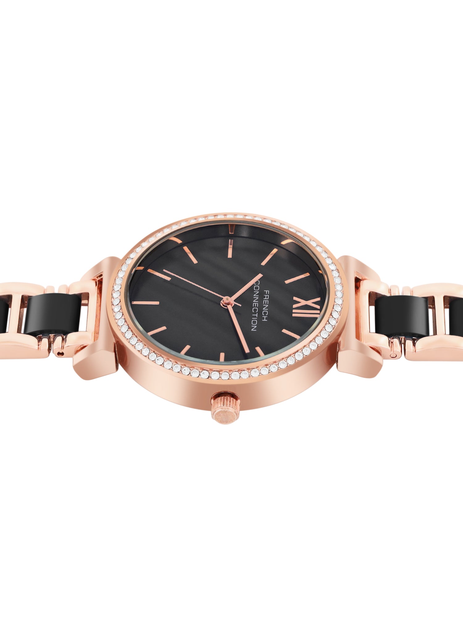 French Connection Mop Black Round Dial With Rosegold & Black Stainless Steel Strap Watch - For Womens FCB15RGM-B