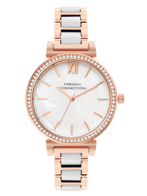 French Connection Mop White Round Dial With Rosegold & White Stainless Steel Strap Watch - For Womens FCB15RTM