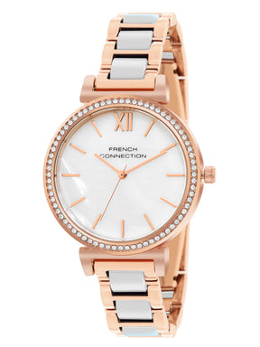 French Connection Mop White Round Dial With Rosegold & White Stainless Steel Strap Watch - For Womens FCB15RTM