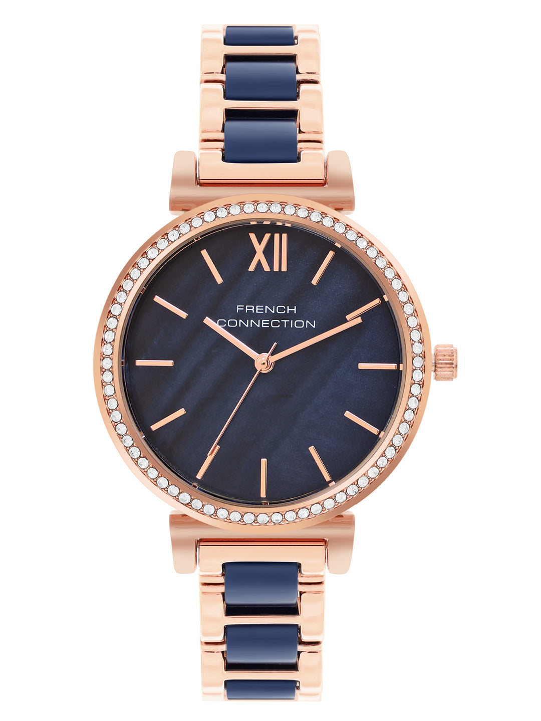 French Connection Mop Blue Round Dial With Rosegold & Blue Stainless Steel Strap Watch - For Womens FCB15URGM