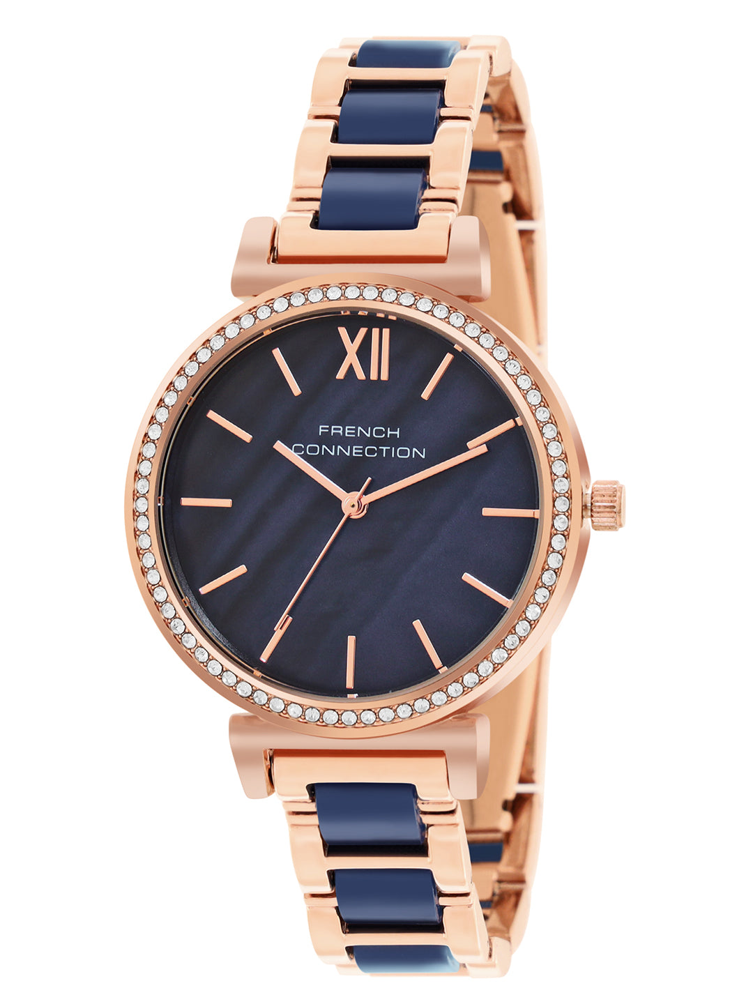 French Connection Mop Blue Round Dial With Rosegold & Blue Stainless Steel Strap Watch - For Womens FCB15URGM