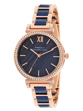 French Connection Mop Blue Round Dial With Rosegold & Blue Stainless Steel Strap Watch - For Womens FCB15URGM