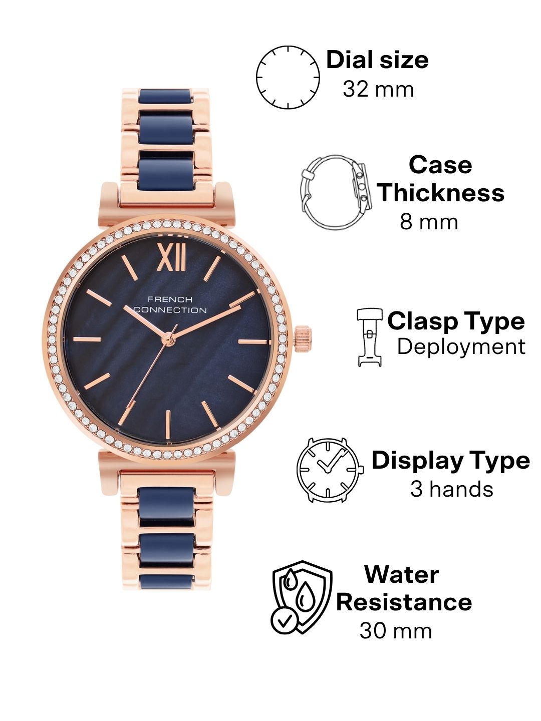 French Connection Mop Blue Round Dial With Rosegold & Blue Stainless Steel Strap Watch - For Womens FCB15URGM