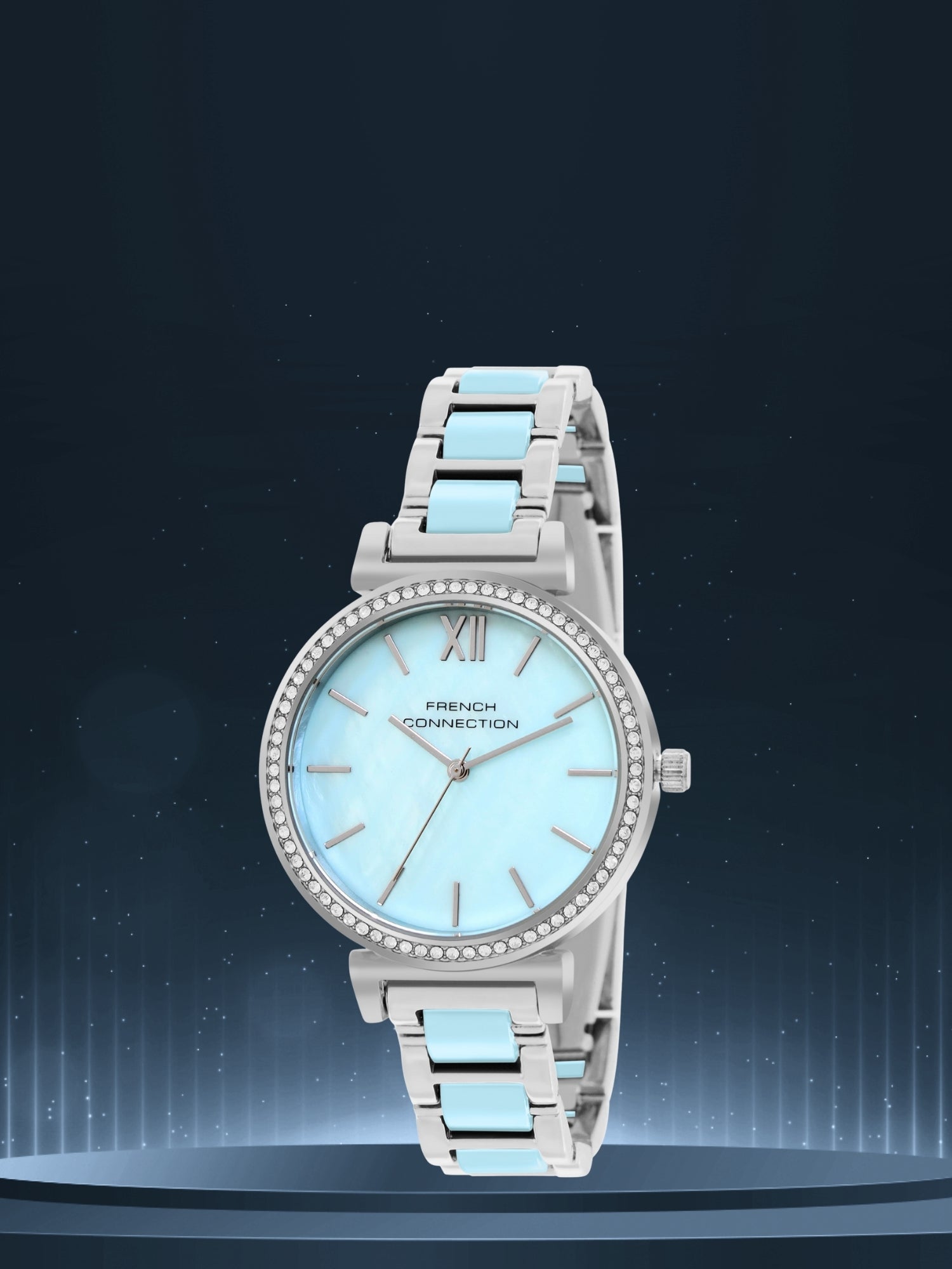 French Connection Mop Blue Round Dial With Blue Two Tone Stainless Steel Strap Watch - For Womens FCB15USM