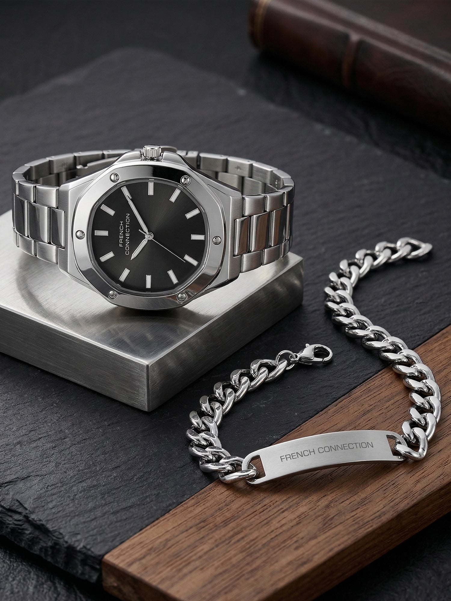 French Connection DUOLUXE Black Dial Stainless Steel Watch and Bracelet for Men - FCB22BSM